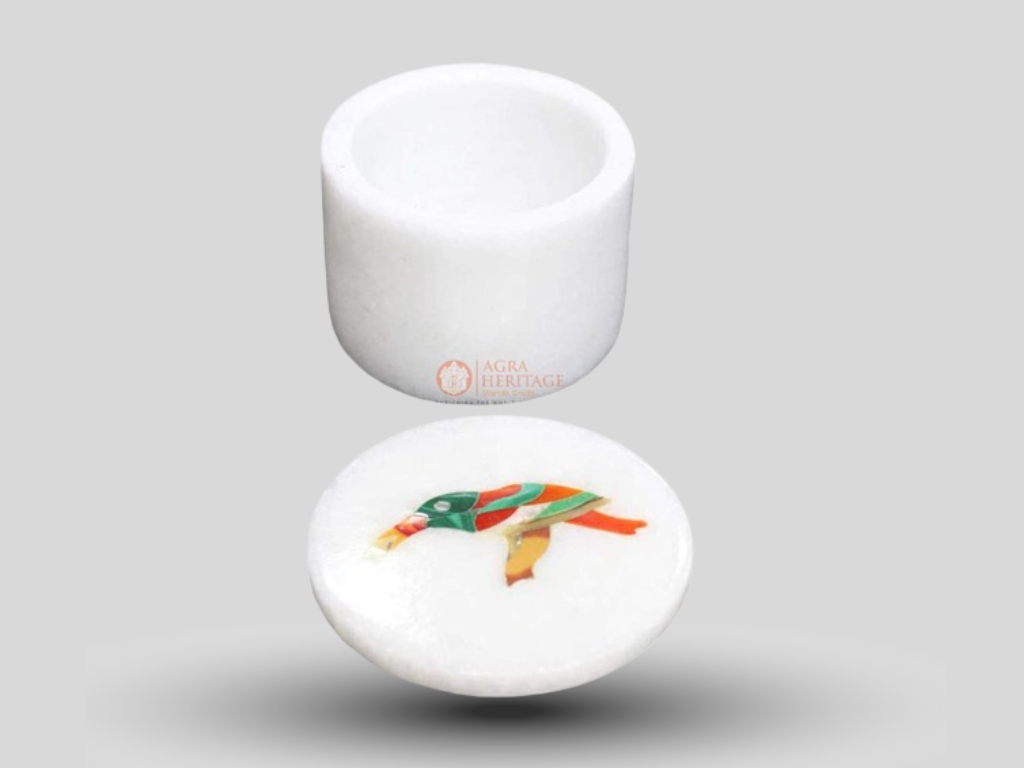 White Marble Round Jewelry Storage Box Inlay Birds Ring Box Gifts